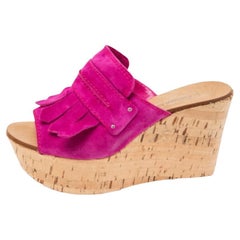 Casadei Sandales à talons compensés en daim rose avec glands et liège Taille 38