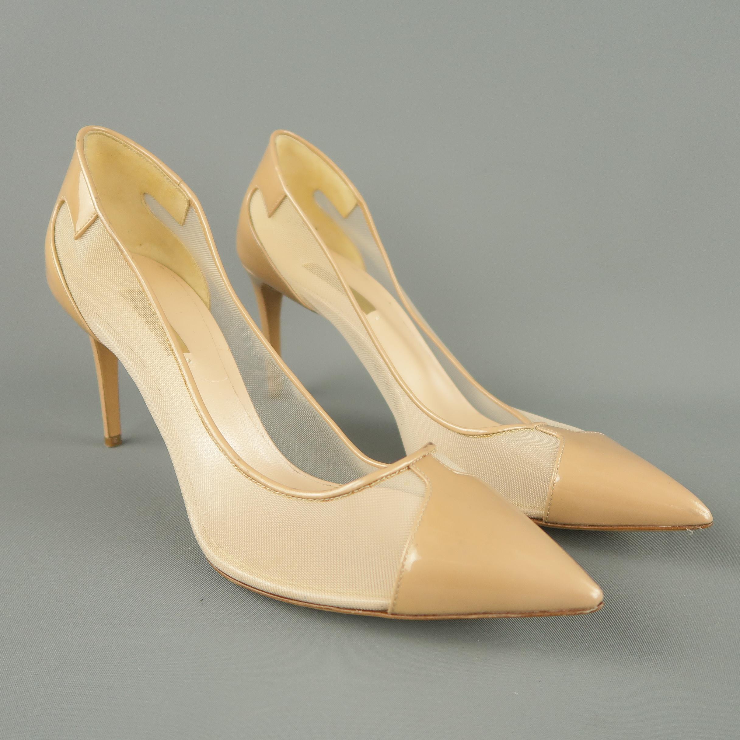 CASADEI pumps come in beige patent leather  with  mesh side panels and leather piping. New with a couple spots from storage. As-is. Made in Italy.
 
New without Tags.
Marked: 12 B
 
Measurements:
 
Heel: 3.5