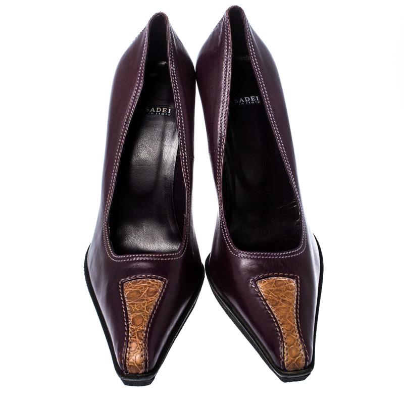 Black Casadei Purple And Brown Leather Pointed Toe Pumps Size 37.5 For Sale