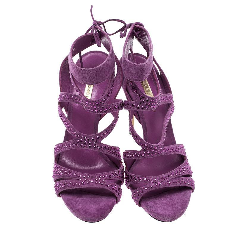 Gray Casadei Purple Crystal Embellished Suede Cut Out Peep Toe Sandals Size 41