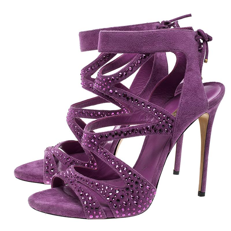 Casadei Purple Crystal Embellished Suede Cut Out Peep Toe Sandals Size 41 In New Condition In Dubai, Al Qouz 2