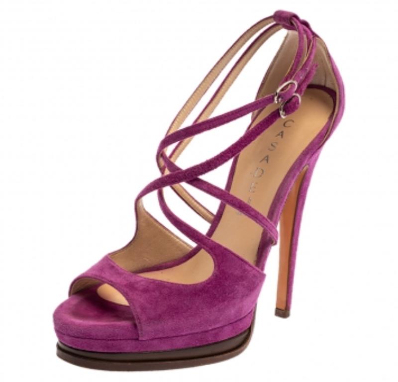 Brown Casadei Purple Suede Cross Strap Platform Sandals Size 36 For Sale