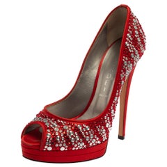 Casadei Red Satin Crystal Embellished Peep Toe Pumps Size 36