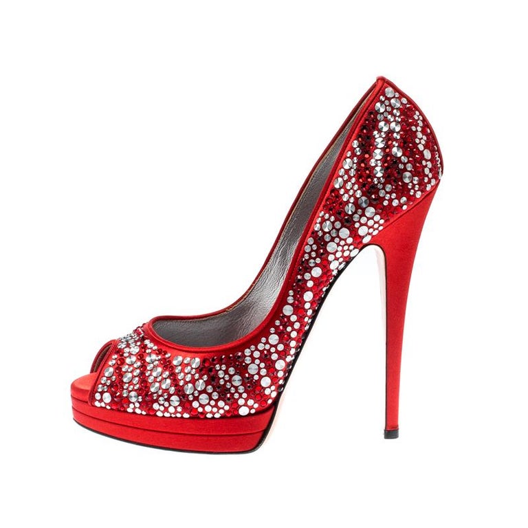 Casadei Red Satin Embellished Platform Peep Toe Pumps Size 39 For Sale ...
