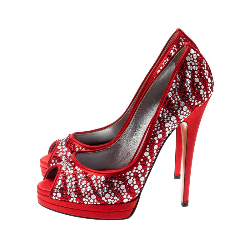 Casadei Red Satin Embellished Platform Peep Toe Pumps Size 39 2