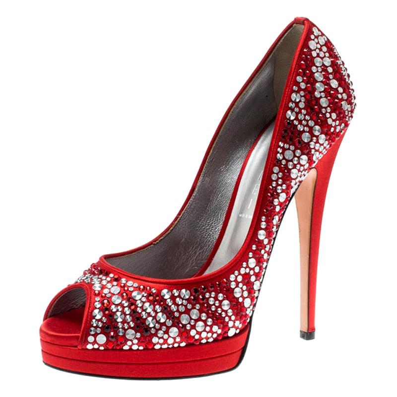Casadei Red Satin Embellished Platform Peep Toe Pumps Size 39