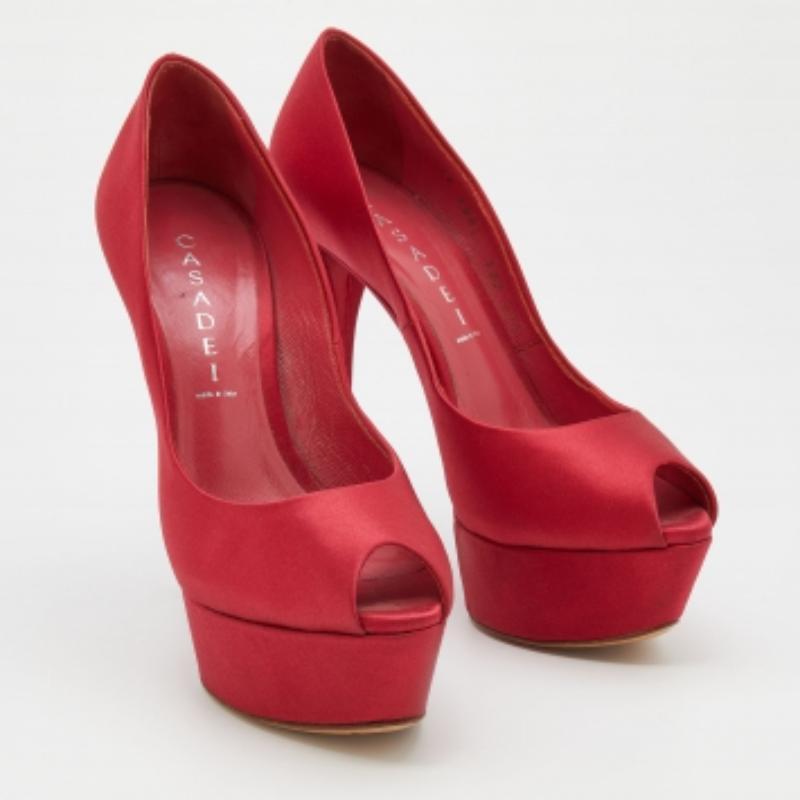 Women's Casadei Red Satin Peep Toe Platform Pumps Size 37.5 For Sale