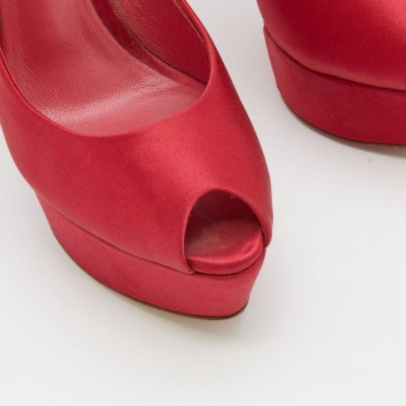 Casadei Red Satin Peep Toe Platform Pumps Size 37.5 For Sale 1