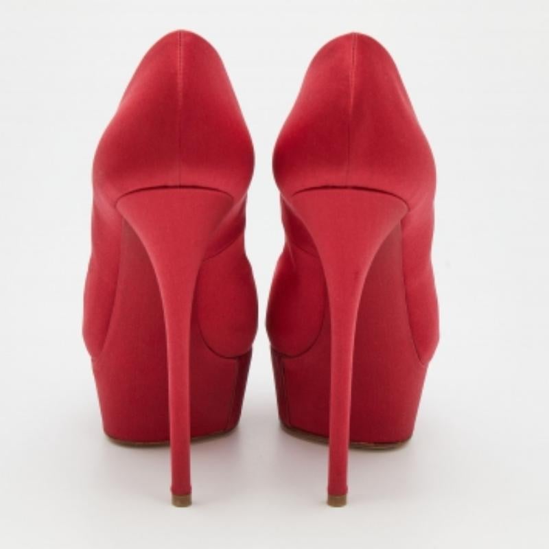 Casadei Red Satin Peep Toe Platform Pumps Size 37.5 For Sale 2
