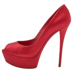 Casadei Red Satin Peep Toe Platform Pumps Size 37.5