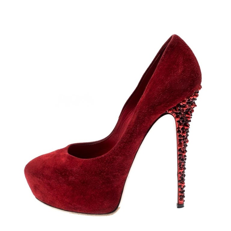 Casadei Red Suede Crystal Studded Heel Platform Pumps Size 37.5 For ...