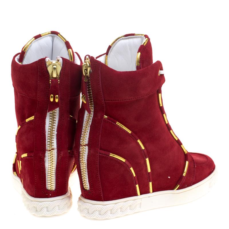 Casadei Red Suede High Top Wedge Sneakers Size 37 In New Condition In Dubai, Al Qouz 2