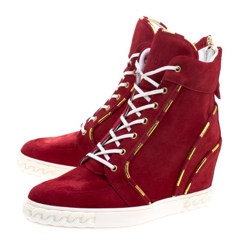 Casadei Red Suede High Top Wedge Sneakers Size 37 2