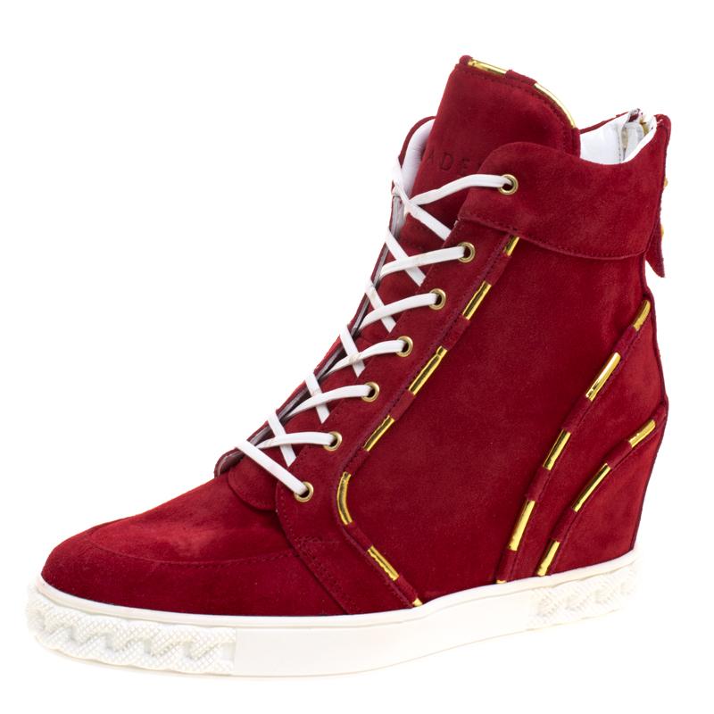 Casadei Red Suede High Top Wedge Sneakers Size 37