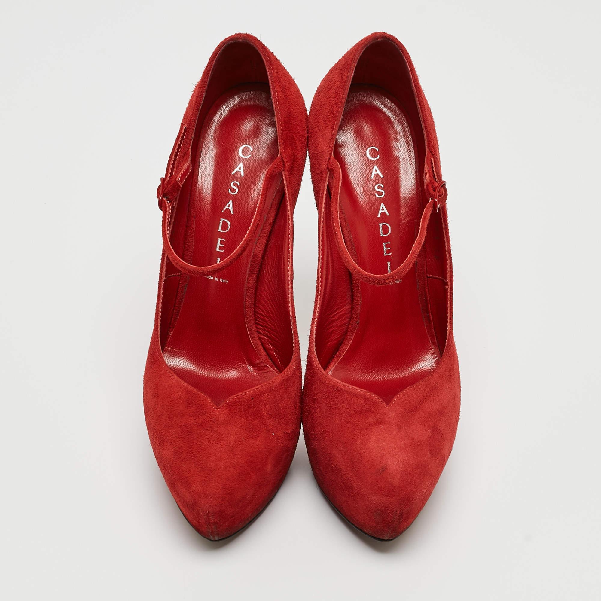 Casadei Red Suede Mary Jane Platform Pumps Size 36 In Good Condition For Sale In Dubai, Al Qouz 2
