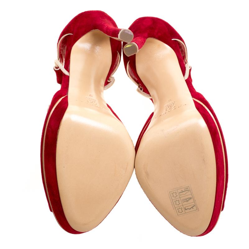 Women's Casadei Red Suede Peep Toe Ankle Strap Platform Sandals Size 39