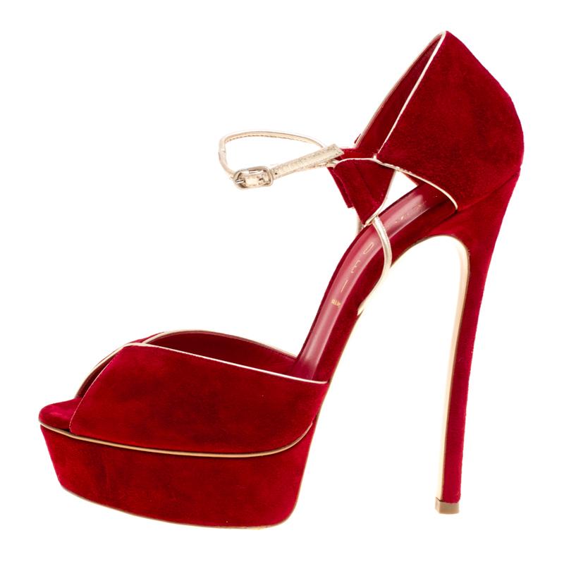 Casadei Red Suede Peep Toe Ankle Strap Platform Sandals Size 39 1