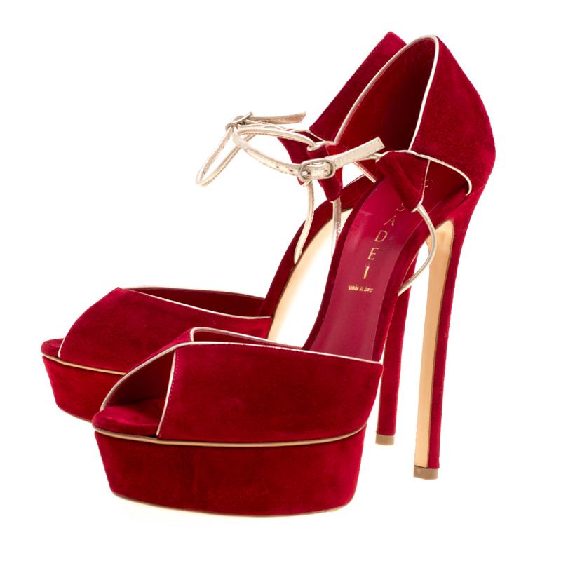 Casadei Red Suede Peep Toe Ankle Strap Platform Sandals Size 39 3