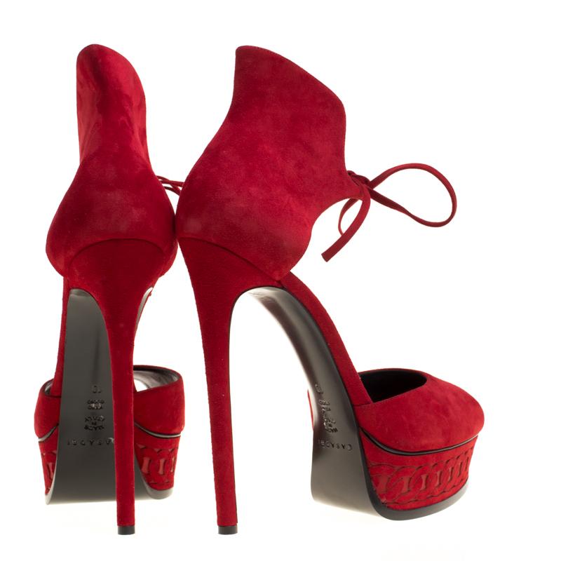 Women's Casadei Red Suede Peep Toe Platform Ankle Cuff Sandals Size 40
