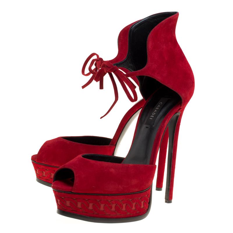 Casadei Red Suede Peep Toe Platform Ankle Cuff Sandals Size 40 1