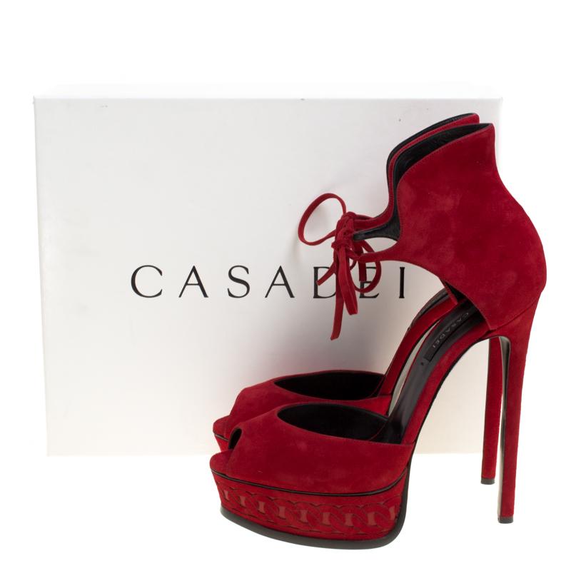 Casadei Red Suede Peep Toe Platform Ankle Cuff Sandals Size 40 4