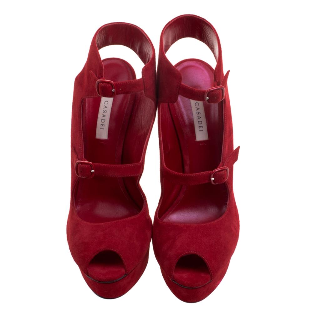 Casadei Red Suede Peep Toe Platform Sandals Size 40 In New Condition In Dubai, Al Qouz 2