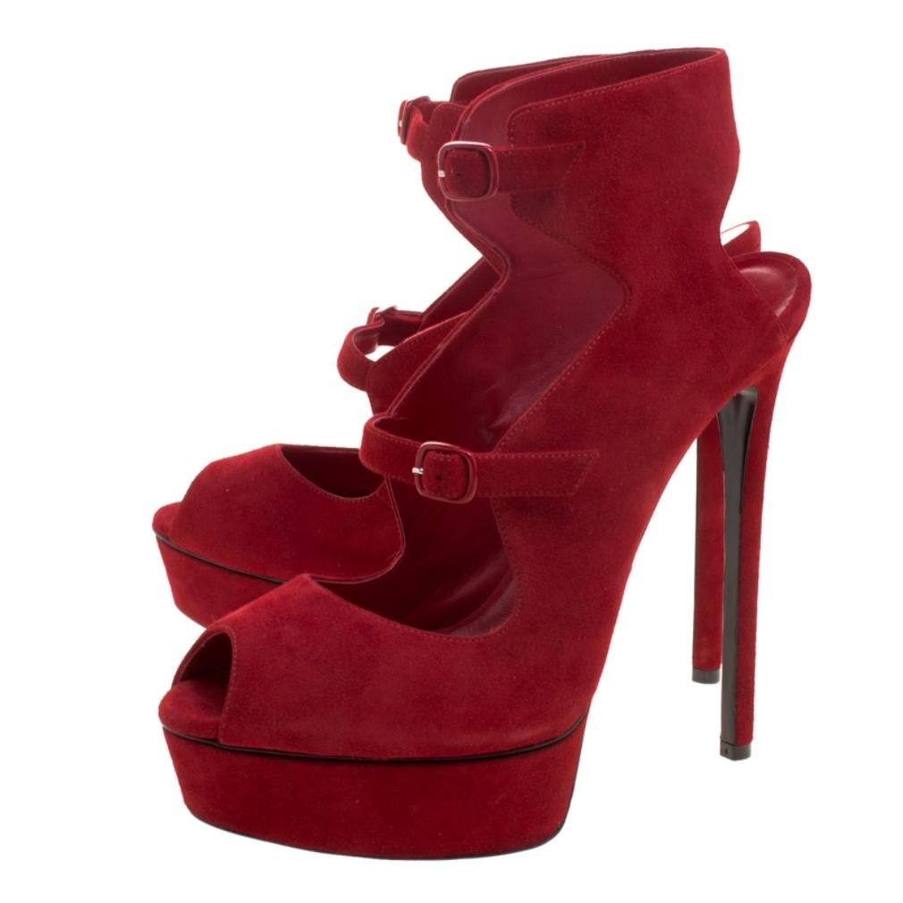 Women's Casadei Red Suede Peep Toe Platform Sandals Size 40