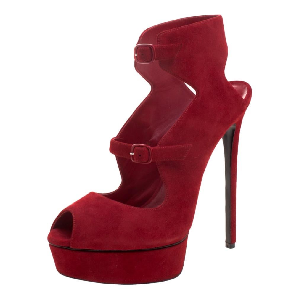 Casadei Red Suede Peep Toe Platform Sandals Size 40