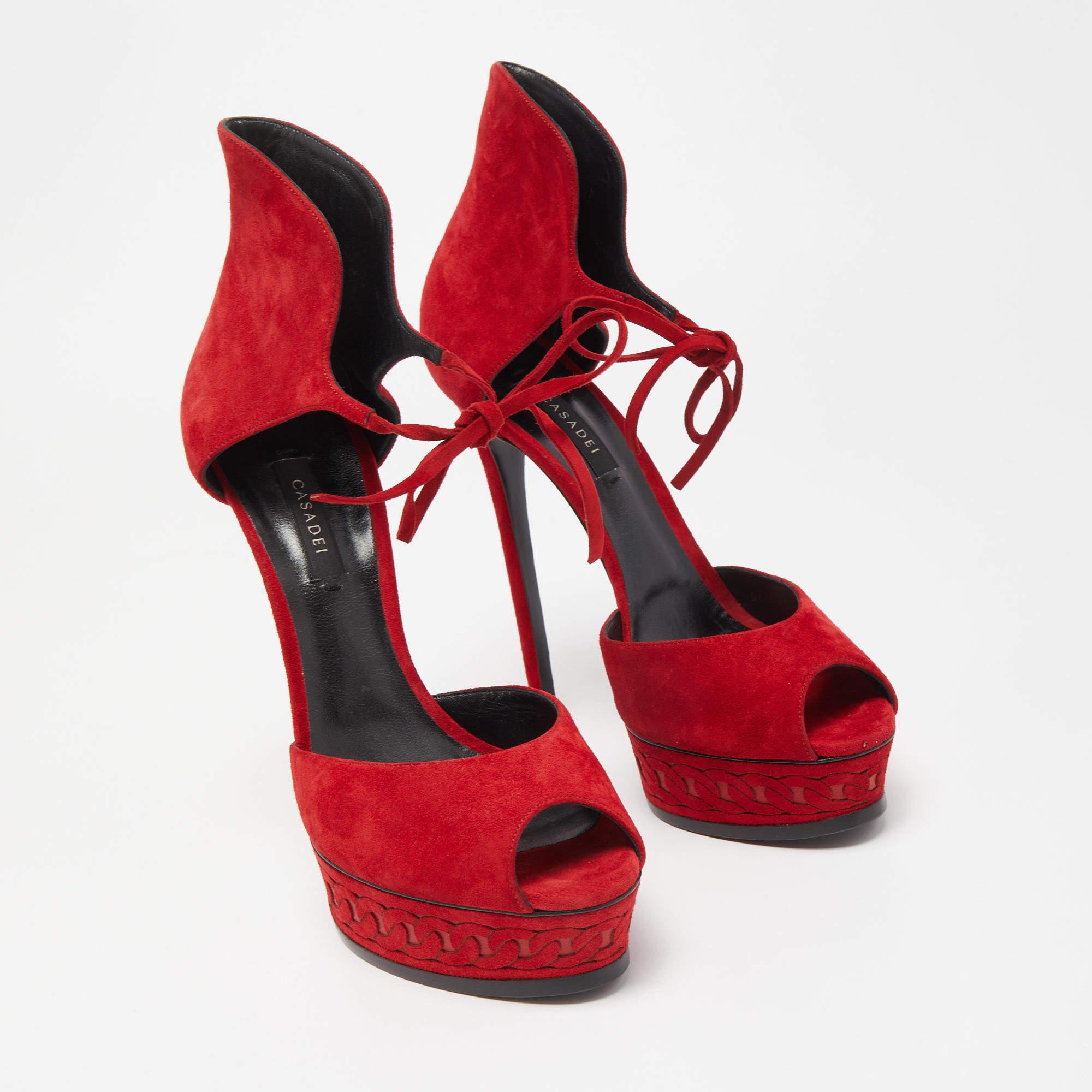 Casadei Red Suede Platform Ankle Strap Sandals Size 40 In Excellent Condition In Dubai, Al Qouz 2