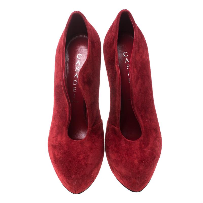 Casadei Red Suede Platform Slip On Ankle Booties Size 37 In New Condition In Dubai, Al Qouz 2