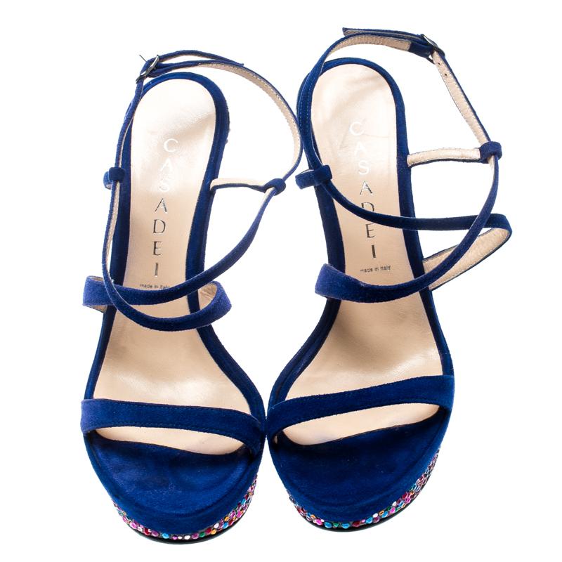 Casadei Royal Blue Suede Crystal Ankle Wrap Platform Sandals Size 36.5 In Good Condition In Dubai, Al Qouz 2