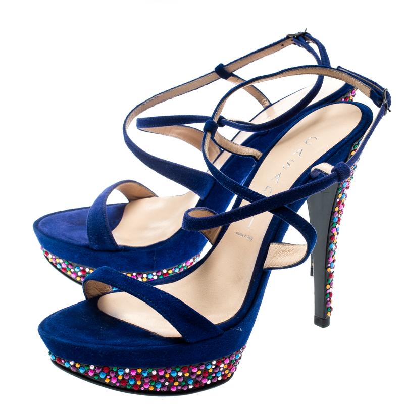 Women's Casadei Royal Blue Suede Crystal Ankle Wrap Platform Sandals Size 36.5