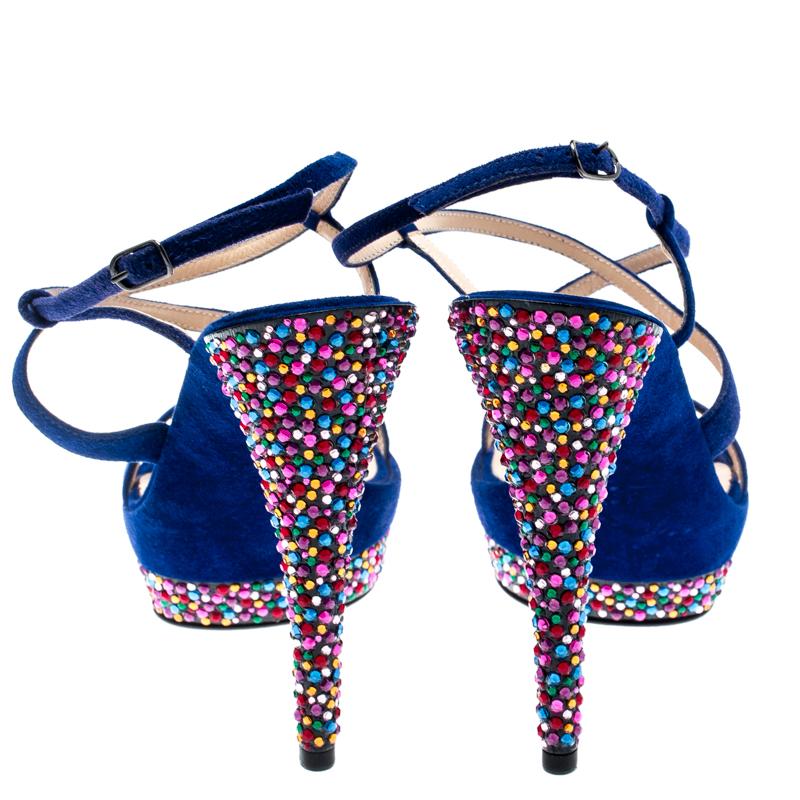 Casadei Royal Blue Suede Crystal Ankle Wrap Platform Sandals Size 36.5 1