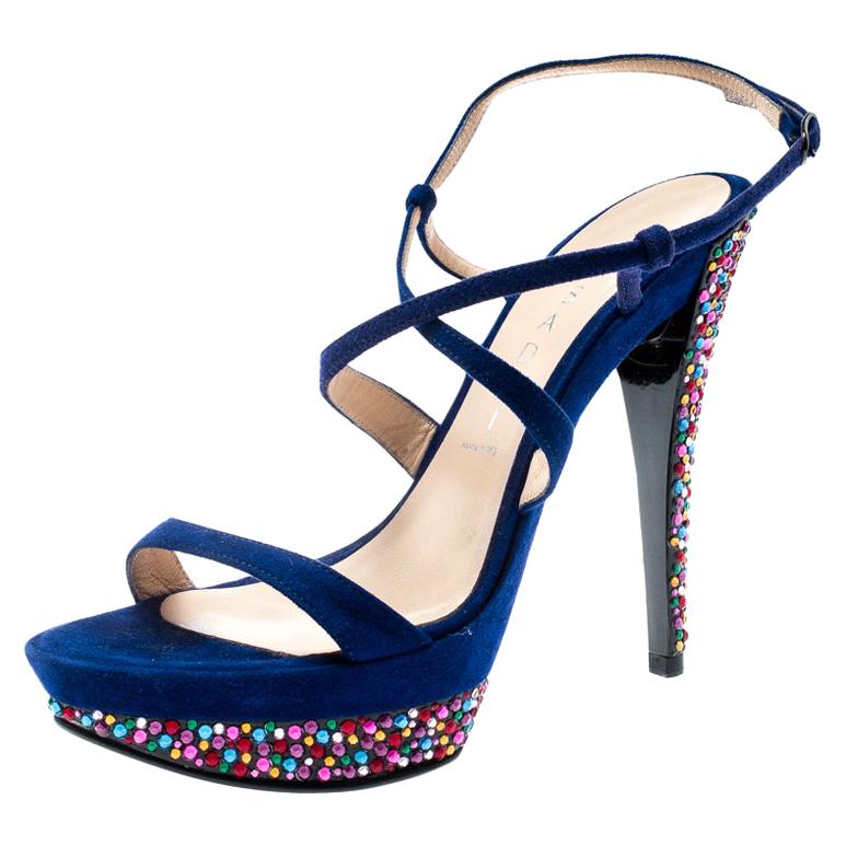 Casadei Royal Blue Suede Crystal Ankle Wrap Platform Sandals Size 36.5