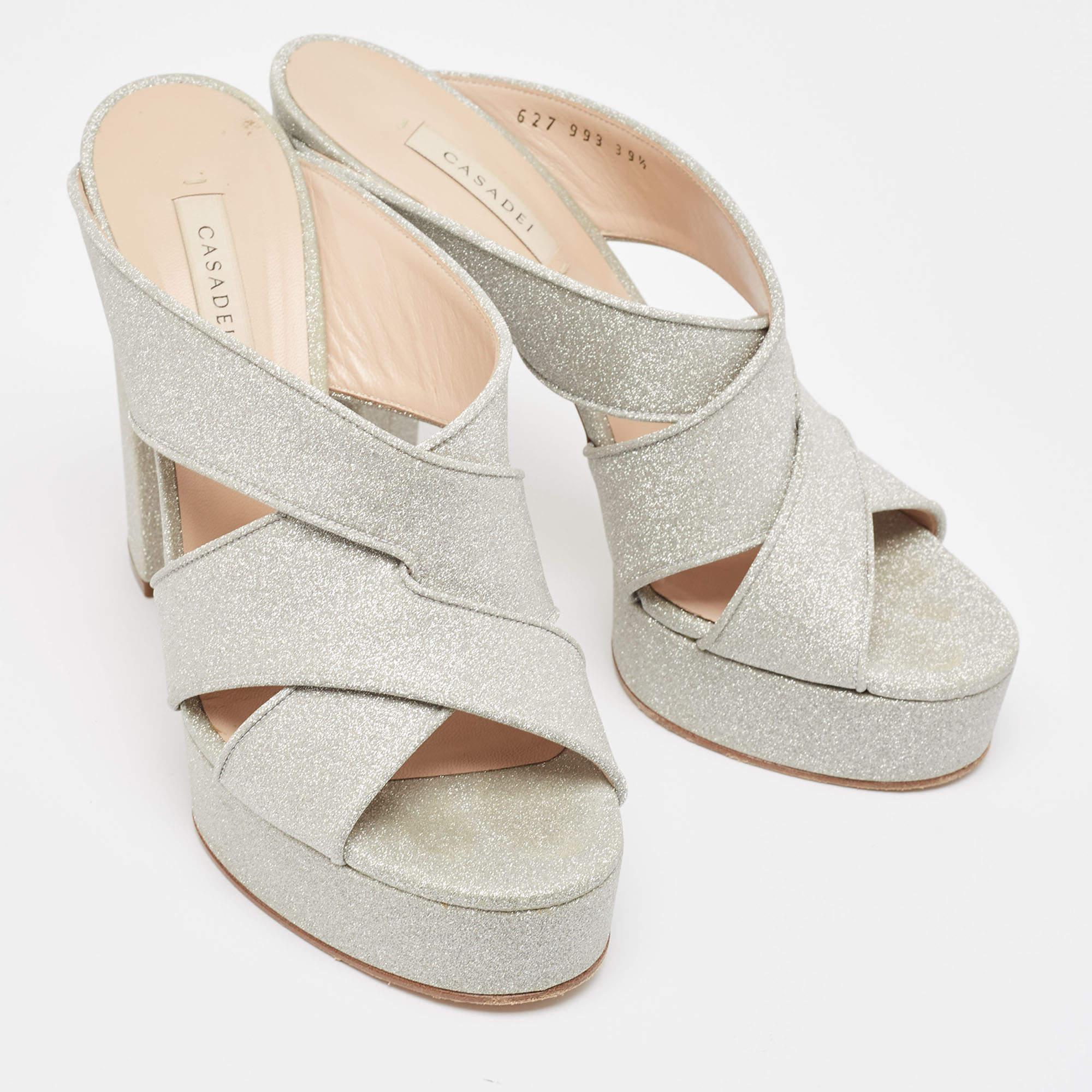 Women's Casadei Silver Glitter Leather Slide Sandals Size 39.5 For Sale