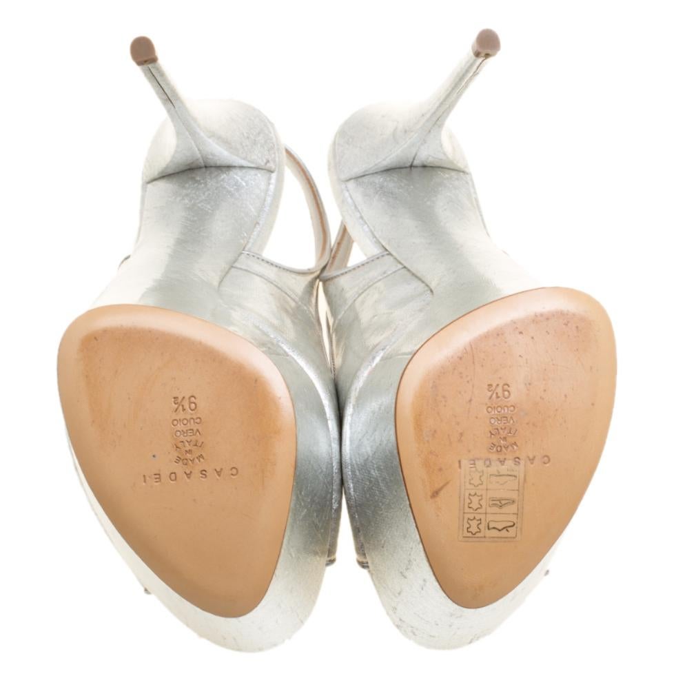 Casadei Silver Leather Pellame Peep Toe Slingback Sandals Size 39.5 1