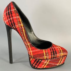 CASADEI Size 9 Red Black Yellow Tweed Plaid Leather Trim Platform Pumps