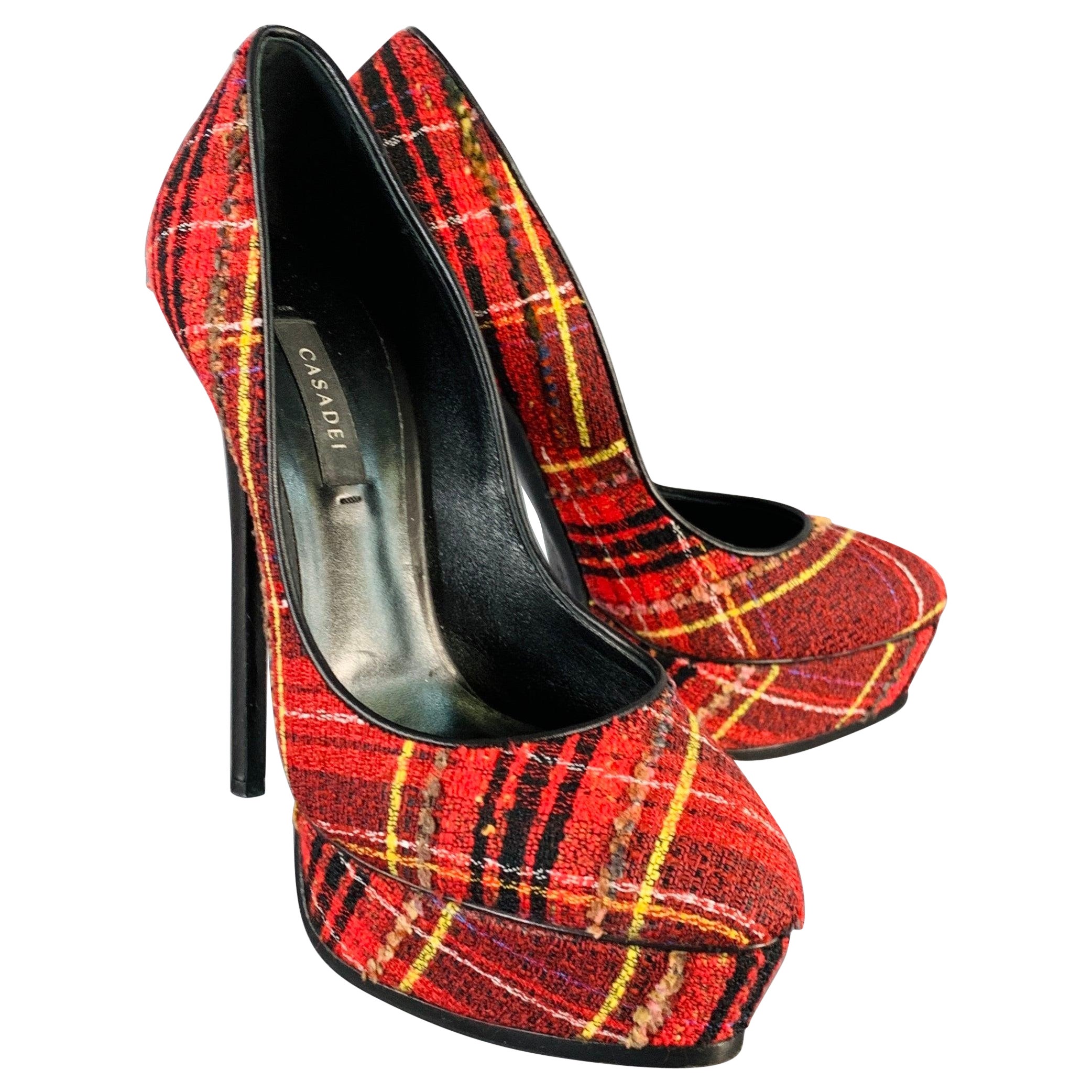 CASADEI Size 9 Red Black Yellow Tweed Plaid Leather Trim Platform Pumps