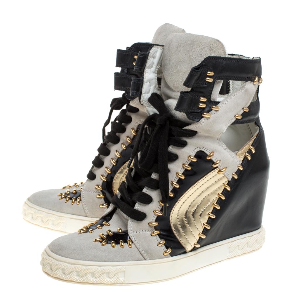 Casadei Tricolor Suede And Leather Studded High Top Wedge Sneakers Size 39 In Good Condition For Sale In Dubai, Al Qouz 2
