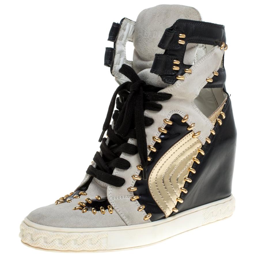 Casadei Tricolor Suede And Leather Studded High Top Wedge Sneakers Size 39  For Sale at 1stDibs