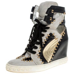 Casadei Tricolor Suede And Leather Studded High Top Wedge Sneakers Size 39