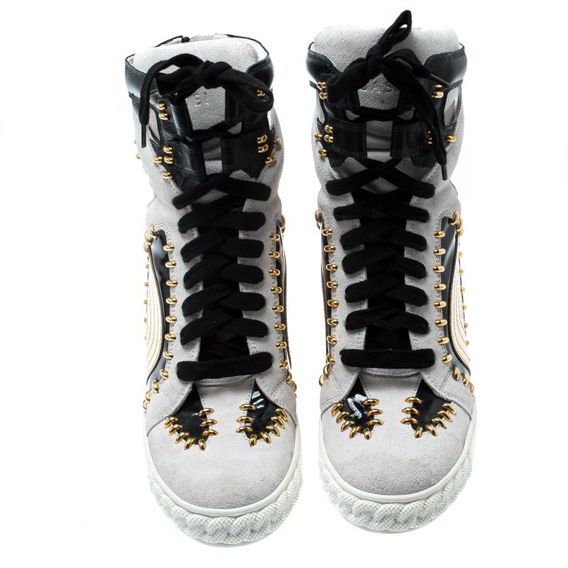 Black Casadei Tricolor Suede And Leather Studded High Top Wedge Sneakers Size 40