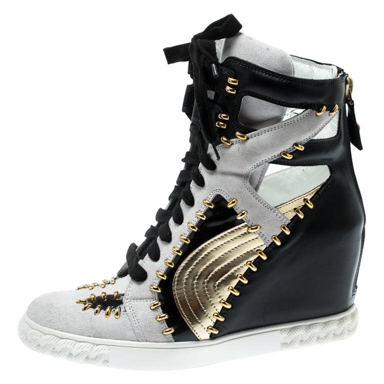 Casadei Tricolor Suede And Leather Studded High Top Wedge Sneakers Size 40