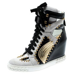 Casadei Tricolor Suede And Leather Studded High Top Wedge Sneakers Size 40