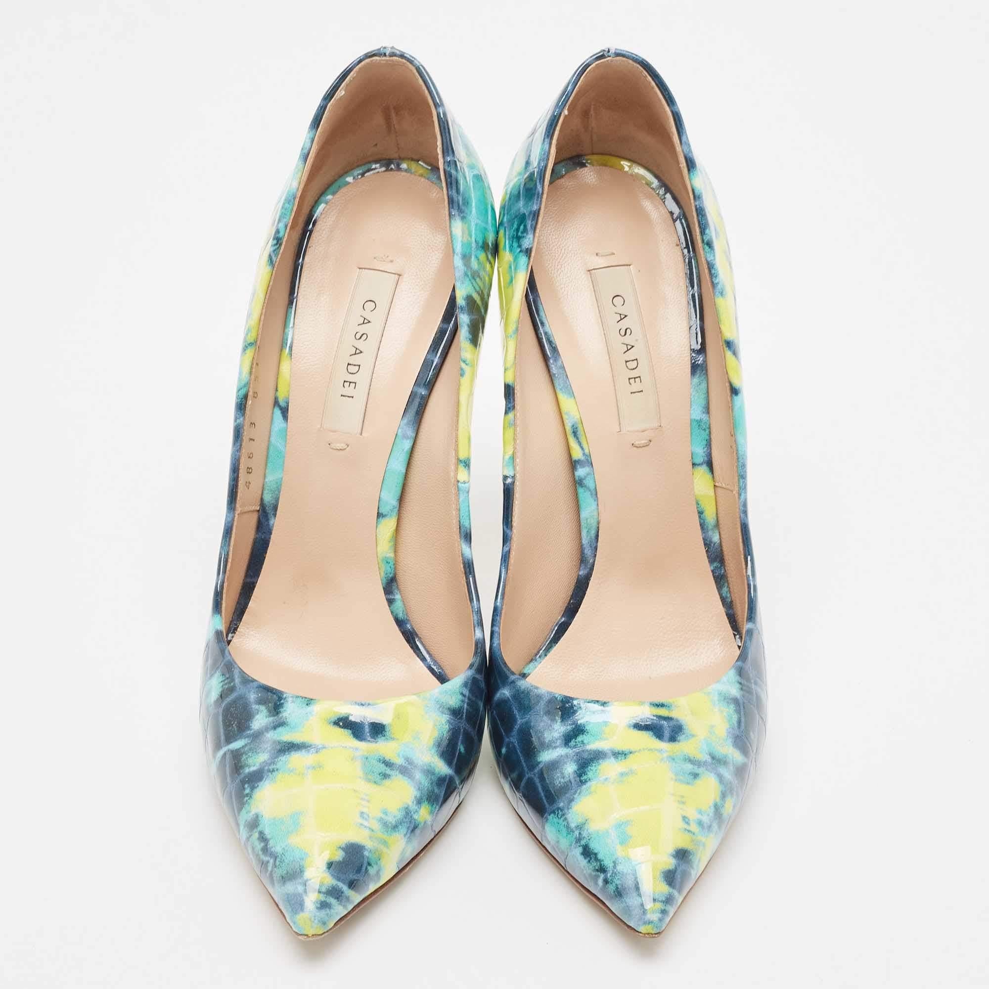 Blue Casadei Tricolor Textured Patent Leather Blade Pumps Size 37 For Sale