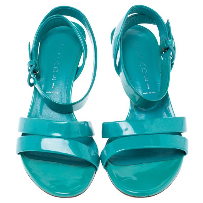 Casadei Turquoise Patent Leather Open Toe Cross Strap Mid Heel Sandals ...