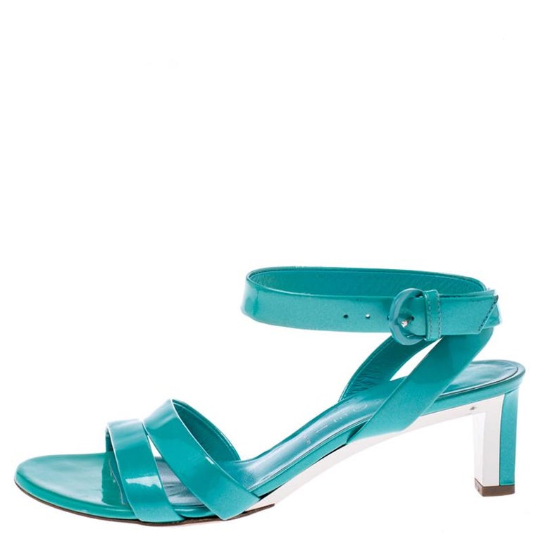 Casadei Turquoise Patent Leather Open Toe Cross Strap Mid Heel Sandals Size  36 For Sale at 1stDibs
