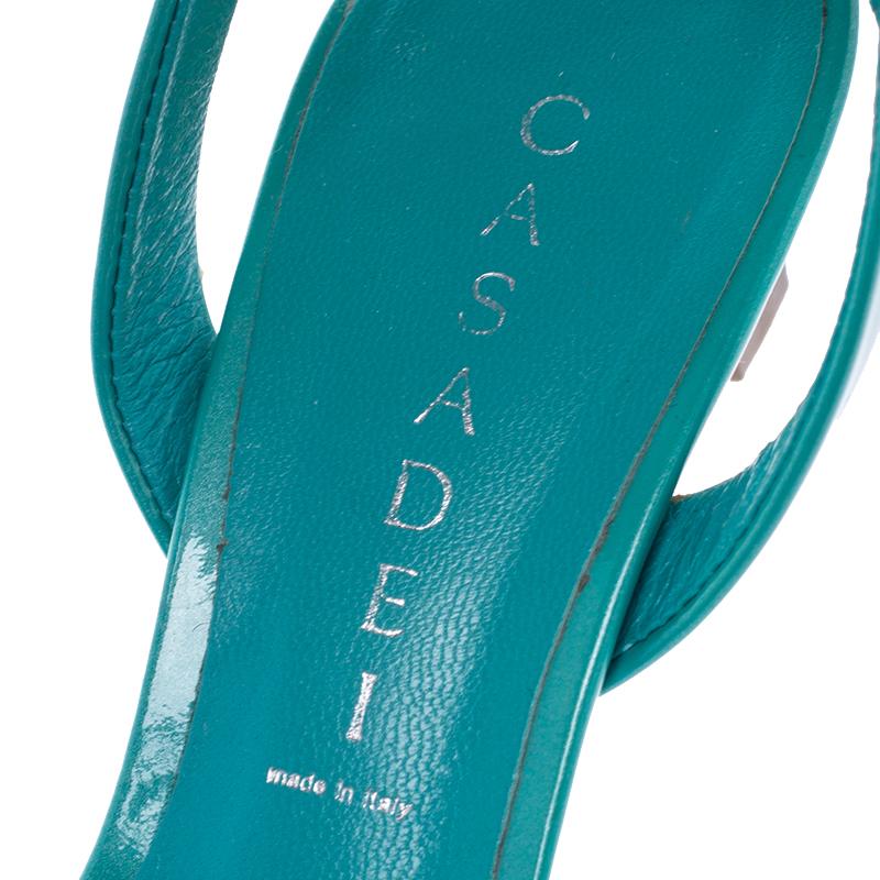 Blue Casadei Turquoise Patent Leather Open Toe Cross Strap Mid Heel Sandals Size 36 For Sale