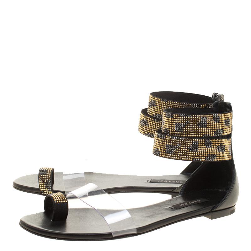 Casadei Two Tone Crystal Embellished Ankle Cuff and PVC Vinil Flat Sandals Size  In New Condition In Dubai, Al Qouz 2