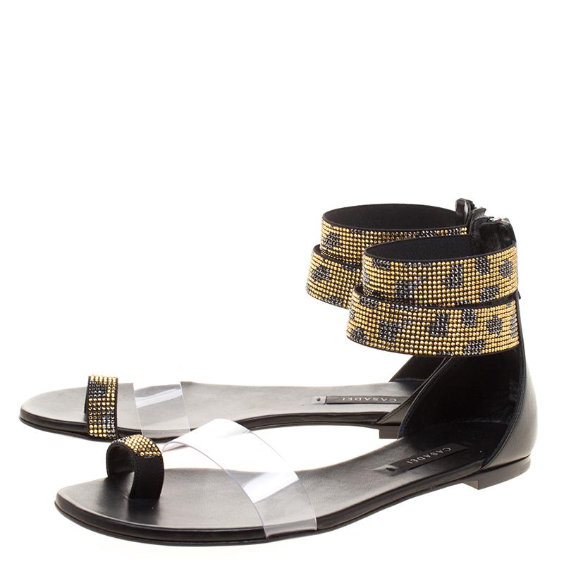Women's Casadei Two Tone Crystal Embellished Ankle Cuff and PVC Vinil Flat Sandals Size 